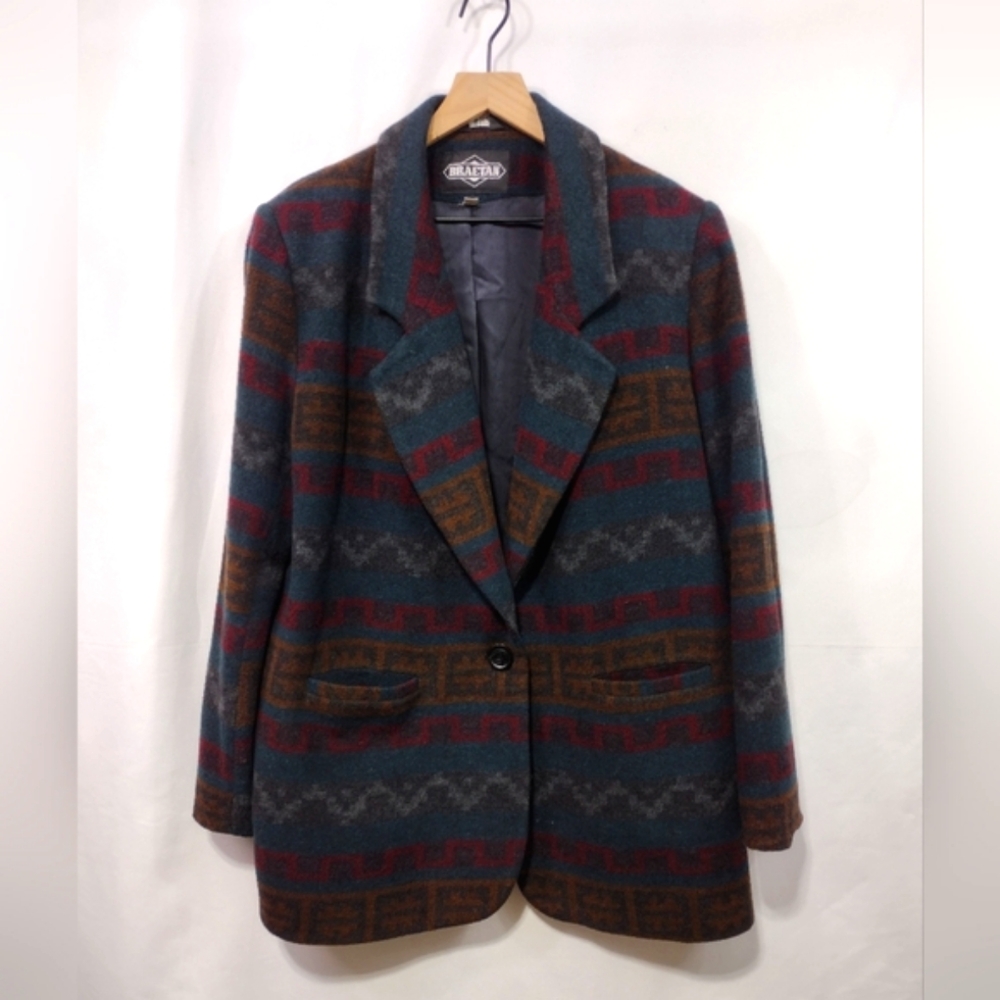 Vintage Braetan Italy Wool Blend Southwest Indian Blanket Aztec Blazer Womens L
